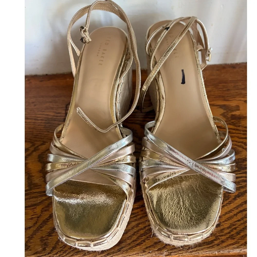 Ted Baker London Metallic Gold Silver Espadrille Wedge Sandals Strappy Heel